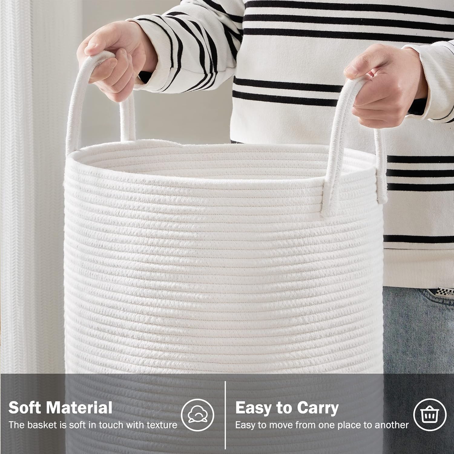 Woven Rope Laundry Hamper Basket by YOUDENOVA, 58L Tall Laundry Basket, Baby Nursery Hamper for Blanket Storage, Clothes Hamper for Laundry in Bedroom-Large-Pure White