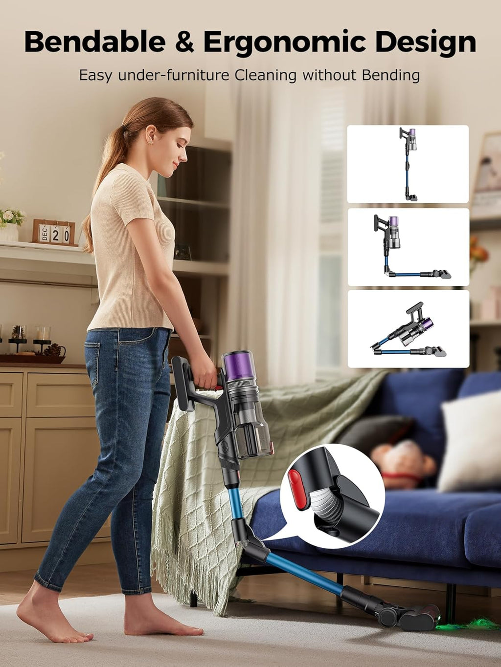Proscenic Cordless Vacuum Cleaner, 45Kpa 55Mins Runtime, 180°Bendable Wand, Vacuum Cleaners for Home with Green Light, Anti-Tangle Brush, Rechargeable Lightweight Stick Vacuum for Pet Hair, P16(Blue)