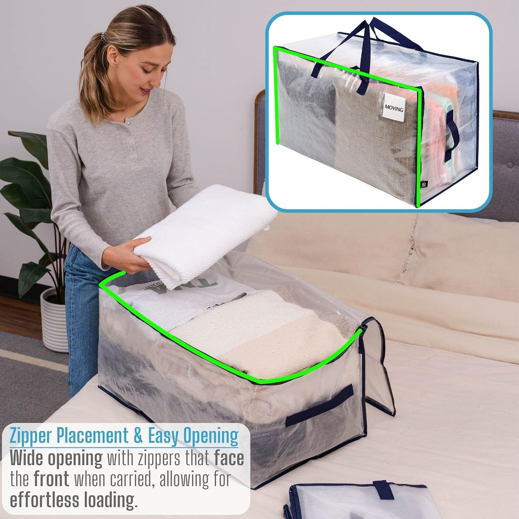 VENO 6 Pack Moving and Storage Bags, Heavy Duty, Alternative to Moving Boxes, Large Packing Totes Supplies for College Dorm Room with Zipper for Clothes, Wide Open Design (Clear, 6 Pack)