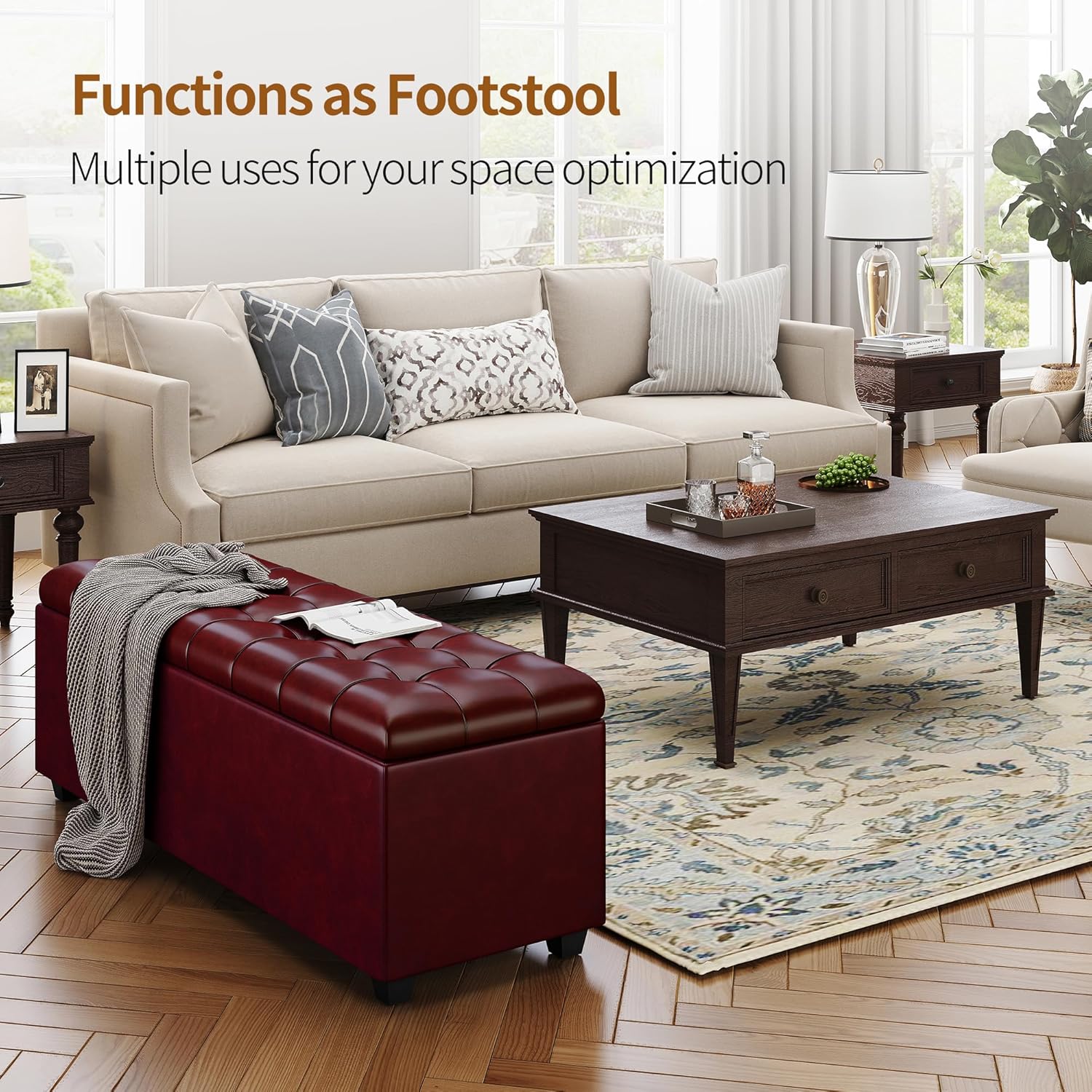 38 Inches long Wine red Ottoman Bench with Storage, footstool Furniture End of Bed storage benches,Faux leather Ottomans with Storage and Seat for Foot rest in Bedroom, Living Room, Entryway