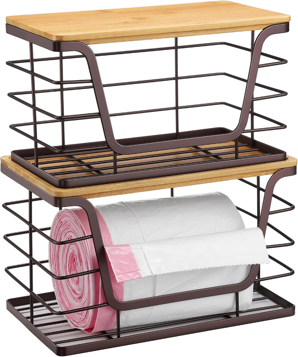 ALOCEO 2 Pack Large Pantry Baskets with Bamboo Lip, Stainless Steel Garbage Bag Holder Dispenser Countertop Storage, Stackable Kitchen Storage Bins for Fruit Onion Potato Vegetable, Brown
