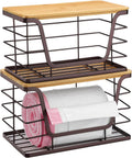 ALOCEO 2 Pack Large Pantry Baskets with Bamboo Lip, Stainless Steel Garbage Bag Holder Dispenser Countertop Storage, Stackable Kitchen Storage Bins for Fruit Onion Potato Vegetable, Brown