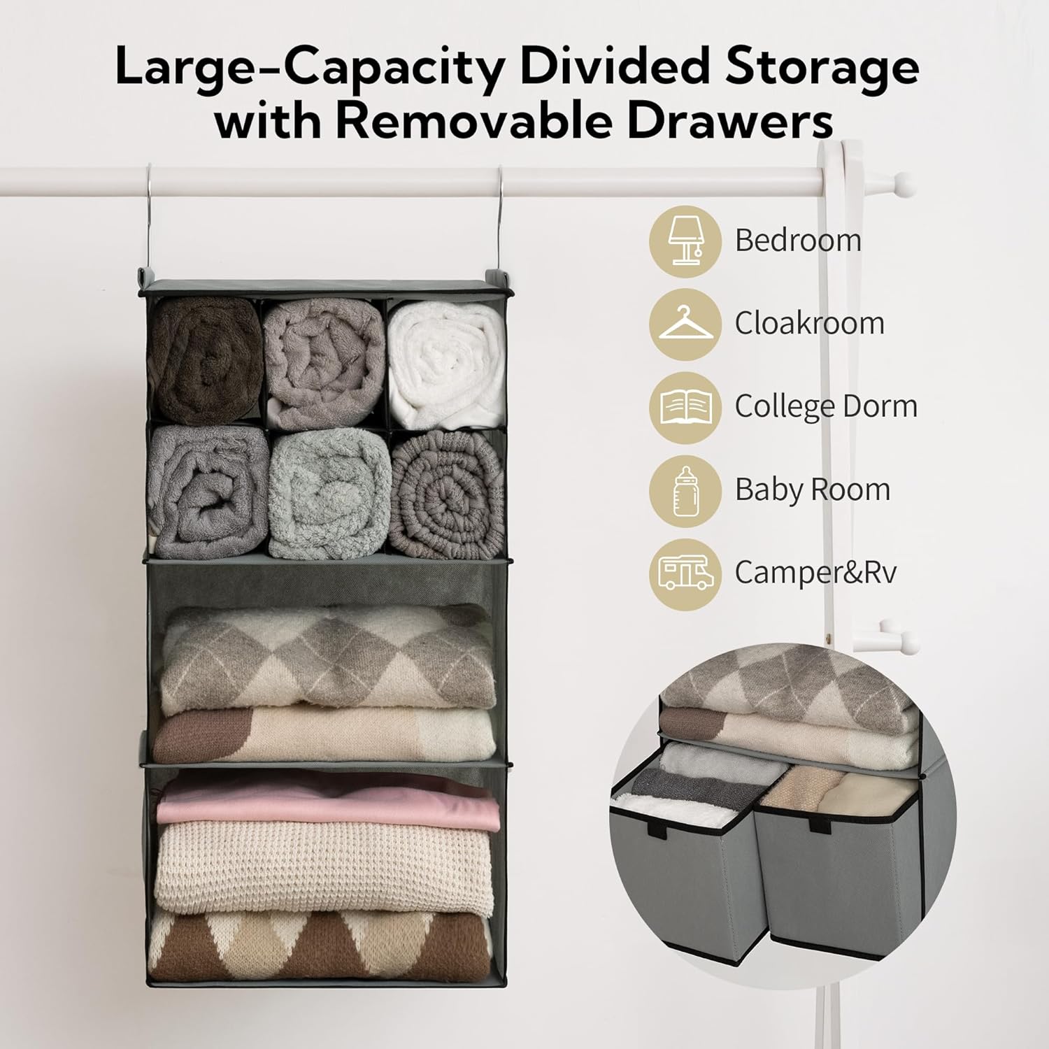 GRANNY SAYS Hanging Closet Organizer with Drawers, 4 Shelf Dividers Closet Hanging Organizer, Foldable Hanging Shelves for Wardrobe Closet, Small Closet Organizers for Clothes Shoes, Grey