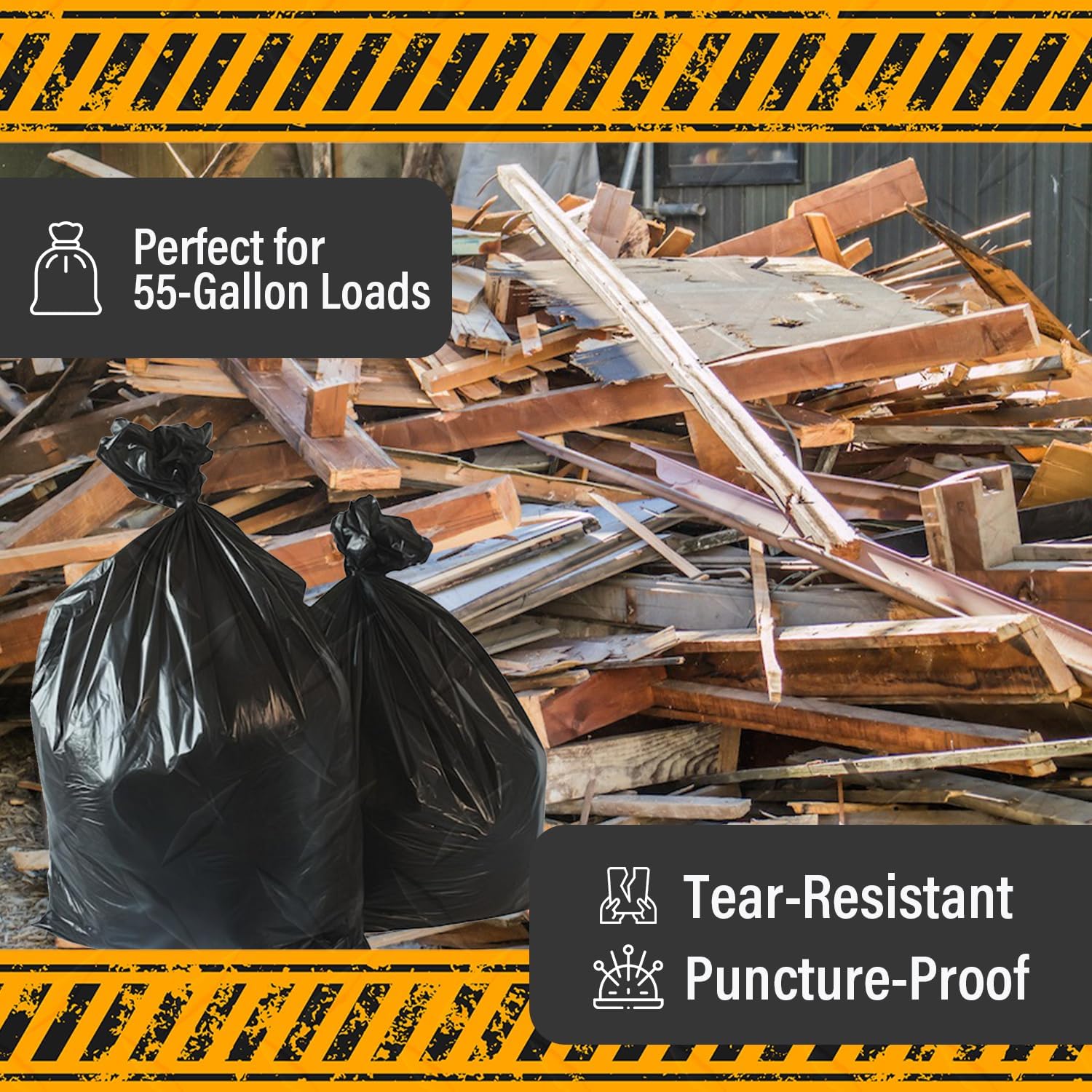 Extra Heavy Duty Black Contractor Garbage Bags 55 Gallon, 50 Trash Bags, Construction Grade, 3 mil, Made in USA