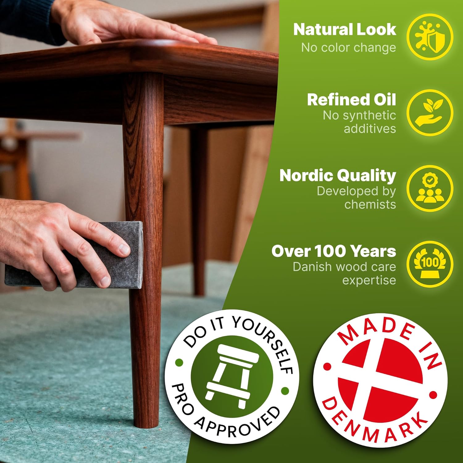 Nordicare Wood Oil Colorless - Premium Walnut Oil, Teak Oil, Wood Oil Furniture for Oak, Beech, Teak, Walnut, Pine, Larch - Natural Furniture Wood Oil - Made in Denmark - for Indoor Use (9.3 oz)
