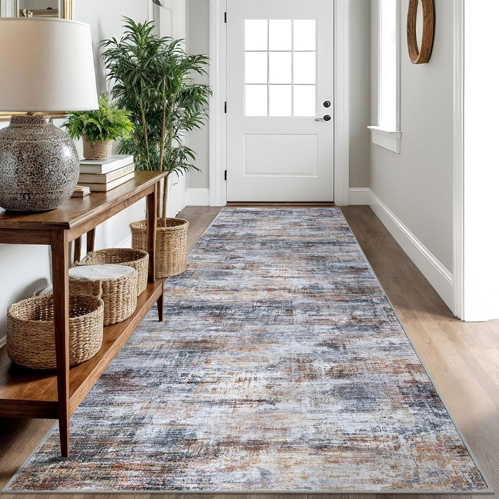 IOHOUZE Abstract Runner Rug 3x10 Ft Washable Runners for Hallways, Non Slip Kitchen Runner Printed Faux Wool Entryway Runner Indoor, Modern Abstract Floor Carpet for Hall Bedroom, Orange Grey