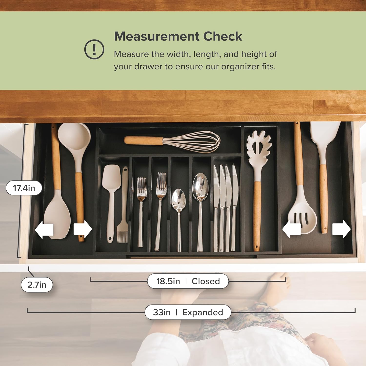 KitchenEdge Premium Silverware, Flatware and Utensil Organizer for Kitchen Drawers, Food-Safe Contract Grade, Expandable from 18 to 33 In, Black Bamboo