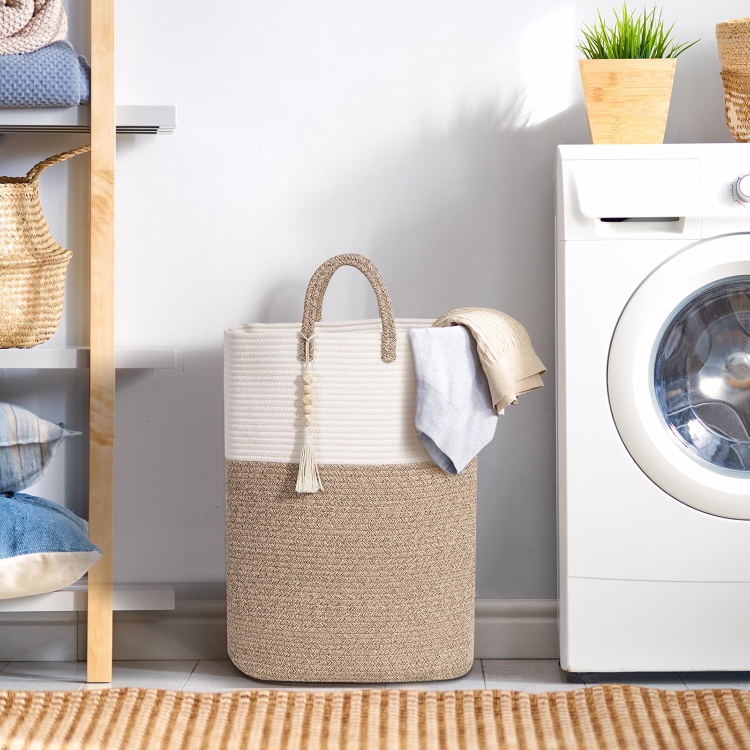 Woven Laundry Basket for Clothes, 80L Large Rectangle Laundry Hampers with Beads Tassel, Nursery Storage Basket for Toys, Tall Dirty Clothes Hamper for Bedroom Aesthetic, Laundry Room Organization