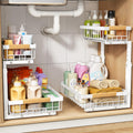 PXRACK 2 Pack Under Sink Organizer,Adjustable Height,2 Tier Pull Out Under Cabinet Organizer,Slide Out Thickened Metal Under Sink Storage for Kitchen Bathroom Laundry Cabinet Pantry,White(S)