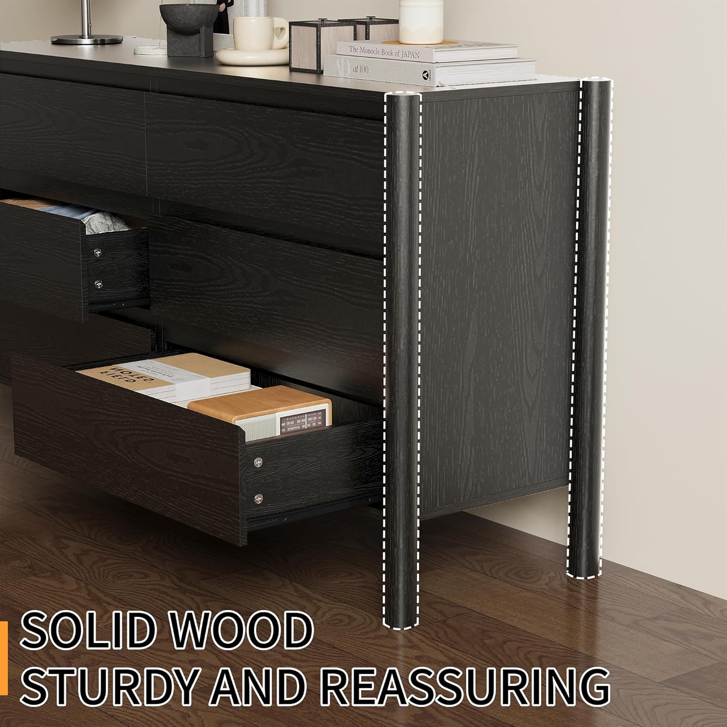Dresser for Bedroom with 9 Drawers,63" Wide Black Dresser with 4 Solid Wood Legs, Wooden TV Stand,Closet Clothes Organizer for Bedroom, Hallway