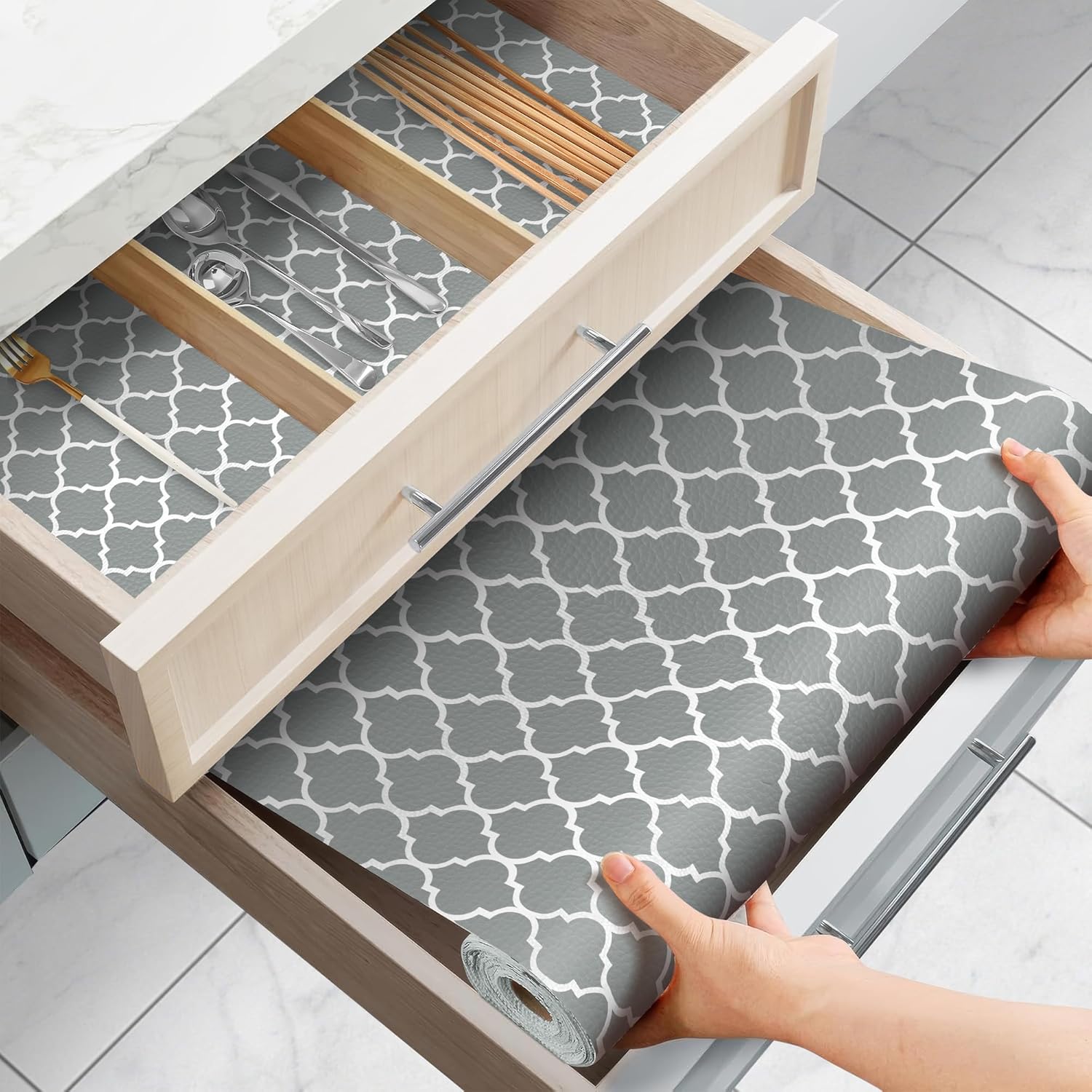 Drawer and Shelf Liner for Kitchen Cabinets Non-Adhesive, Non-Slip Cabinet Liner Shelf Paper Strong Grip Waterproof Easy to Clean for Kitchen Shelves Cupboard, Gray Lantern,17.5IN X 10FT