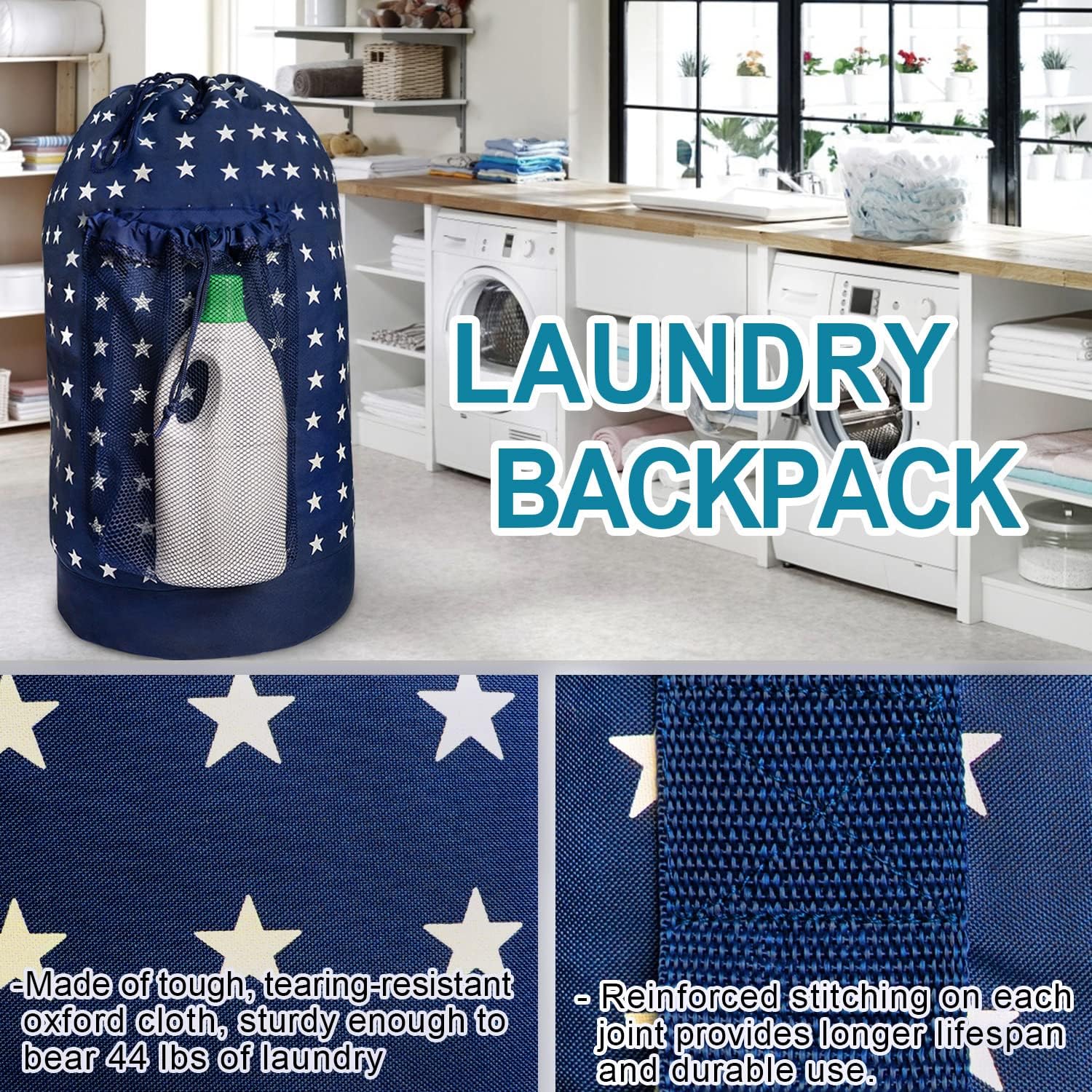 Dalykate Backpack Laundry Bag, Laundry Backpack with Shoulder Straps and Mesh Pocket Durable Nylon Clothes Hamper Bag with Drawstring Closure for College, Travel, Laundromat, Apartment