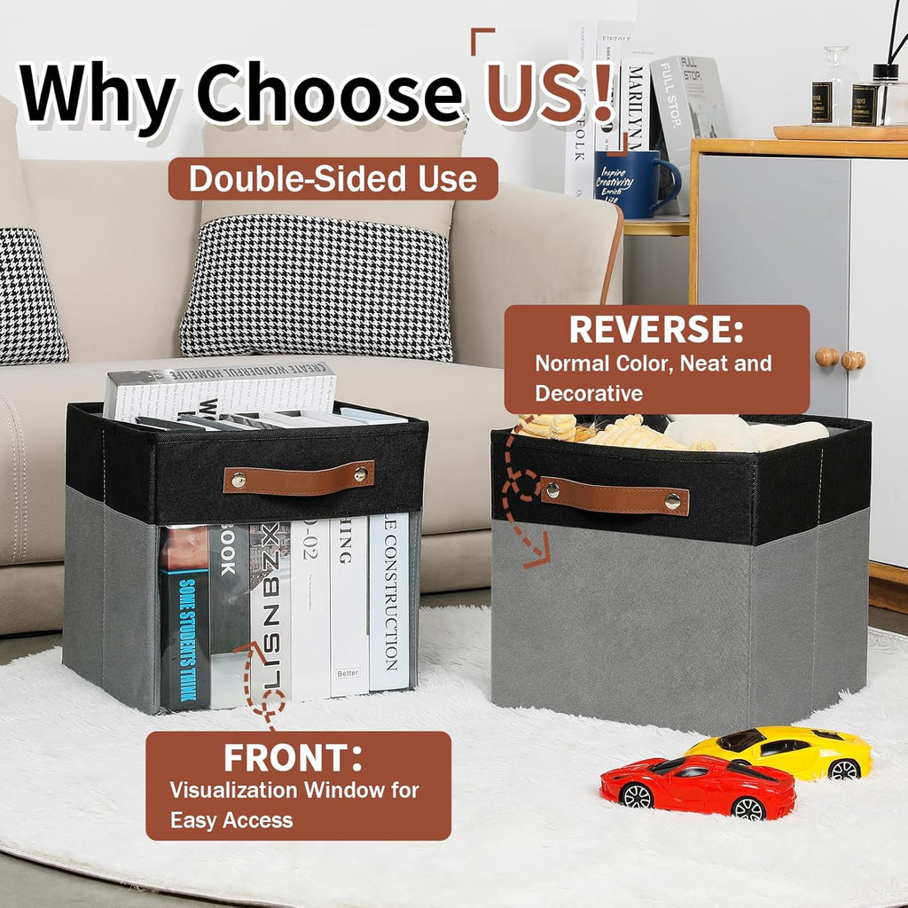 HNZIGE Cube Storage Bins 11 x 11, Fabric Cubes Storage Bins 11x11 Clear Storage Organizer,Canvas Storage Bin for Cube Storage, Cubby Collapsible Organizer Bin for Organizing Home(Gray Black 6PCS)