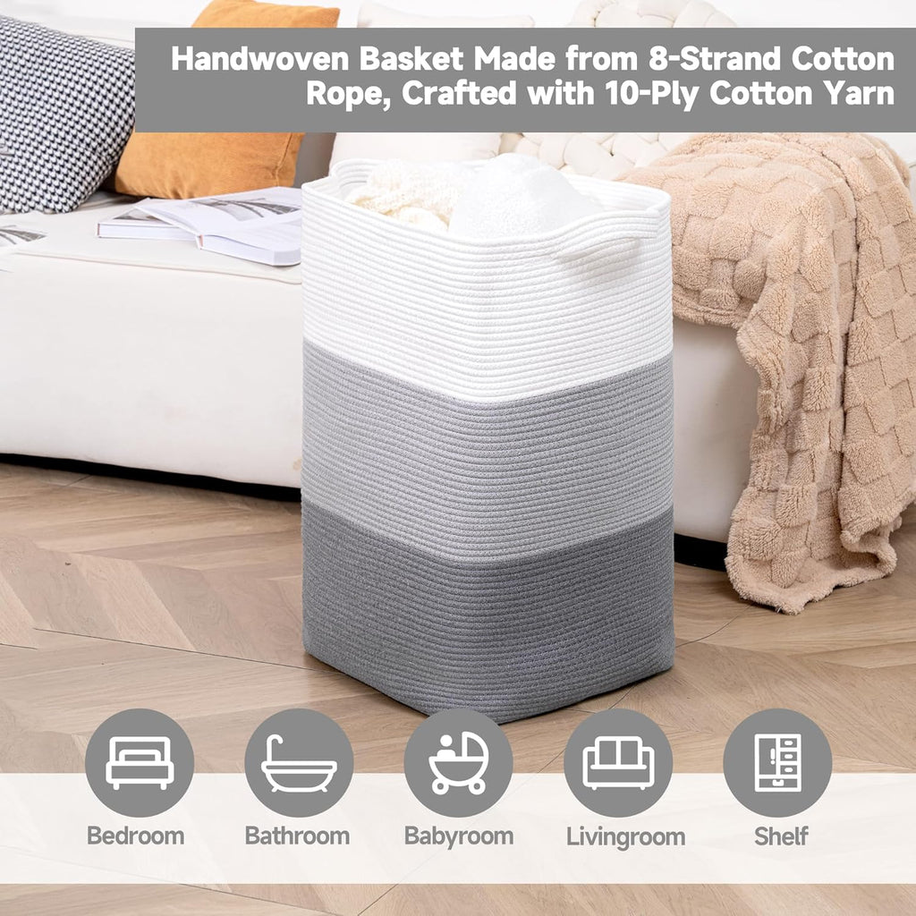 CLHMILY&Z 75L Laundry Basket Rectangular Grey Rope - 16x13x22 Inches - Dirty Clothes and Soft Storage Bin for Blankets, Toys, and Nursery Essentials