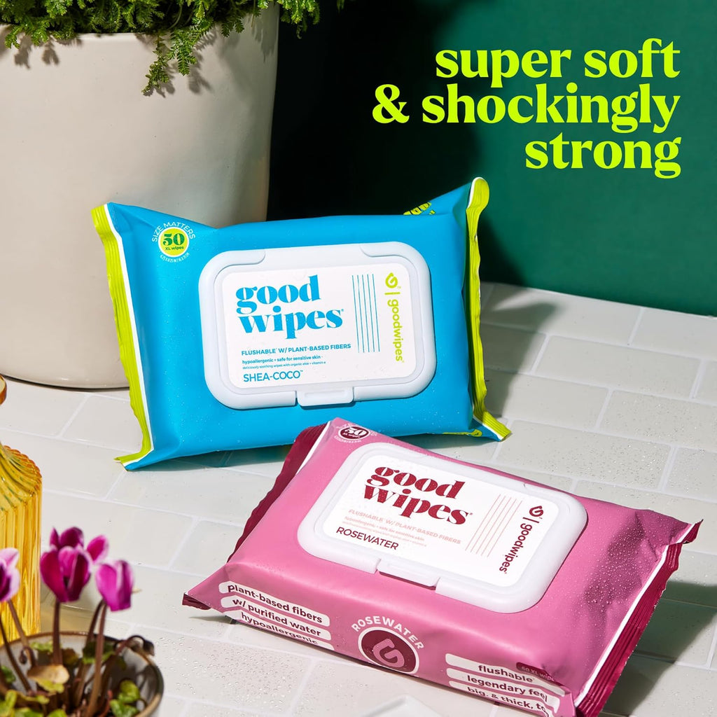 goodwipes Flushable Butt Wipes - Vitamin E & Aloe - Sewer & Septic Safe - Extra Large Adult Wet Wipes For Women & Men - Bathroom Essentials - Shea Coco, 318 Count (6 Packs + 1 Travel)