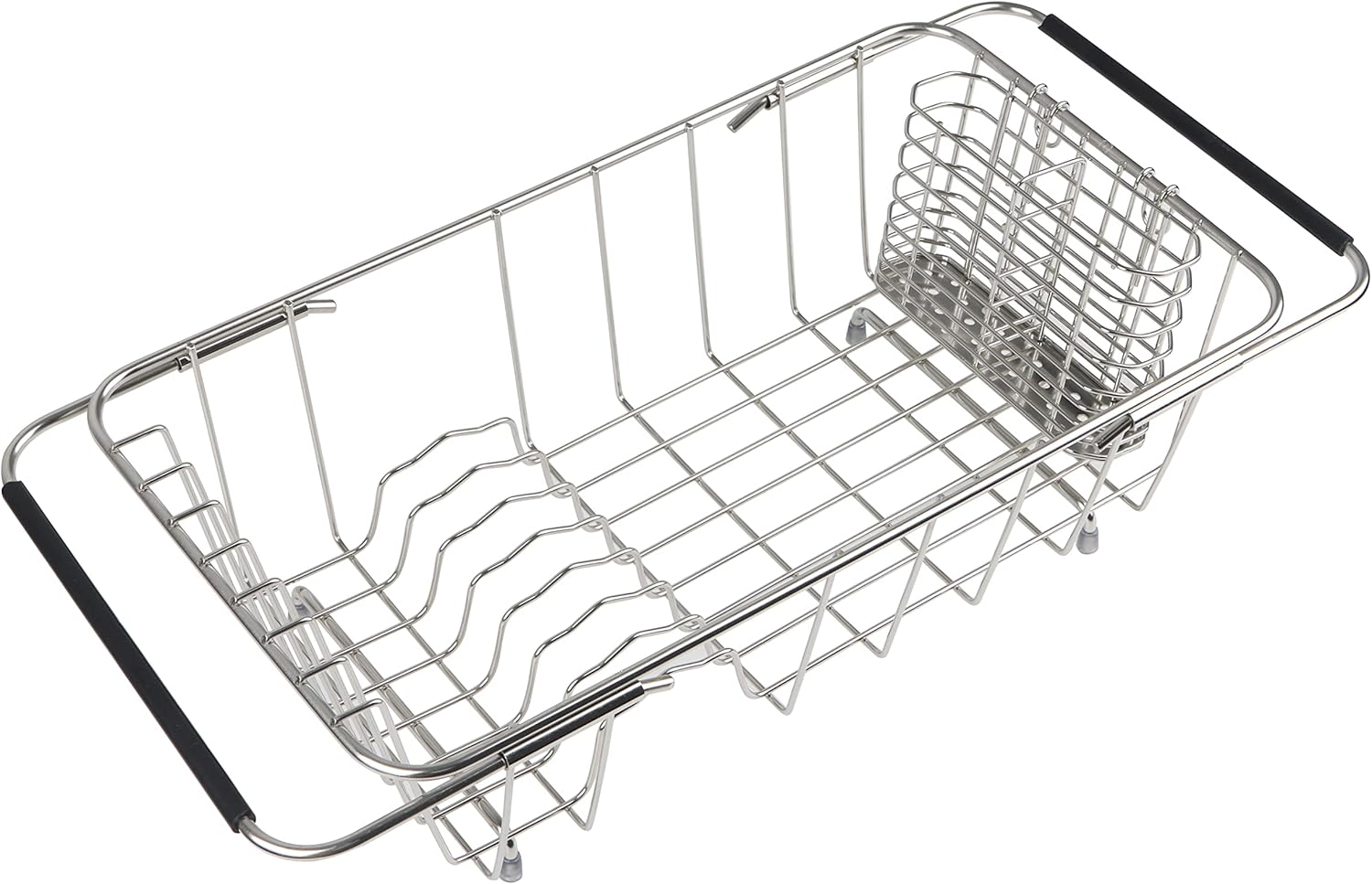 Sink Dish Drainer Rack, Expandable 304 Stainless Steel Dish Drying Rack Organizer with Stainless Steel Utensil Rack, Adjustable 14.96" to 20.59" Inside The Sink (up to 7 Upright Utensils).