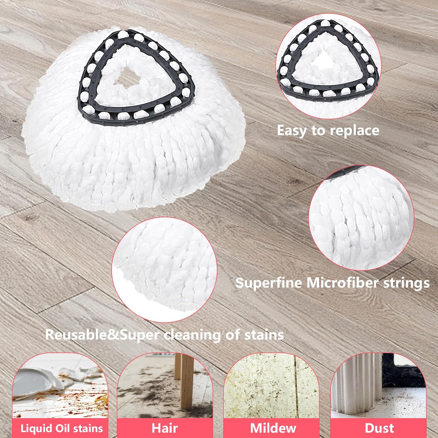Mop Heads Replacements Complete Combo for O-Ceda,4Pcs White Machine Washable Microfiber Spin Mop Refills Replace Heads,2 Scrub Brushs,1 Base,1 Set Handle,Spin Mop Replacements for Tub and Tile