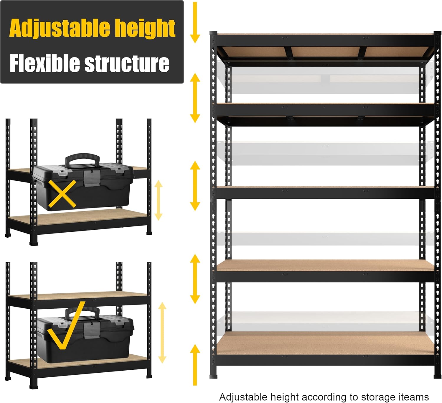 PrimeZone 48" x 24" x 72" Heavy Duty Storage Shelves - 5 Tier Adjustable Garage Storage Shelving, Metal Storage Utility Rack Shelf Unit for Warehouse Pantry Closet Kitchen, Black
