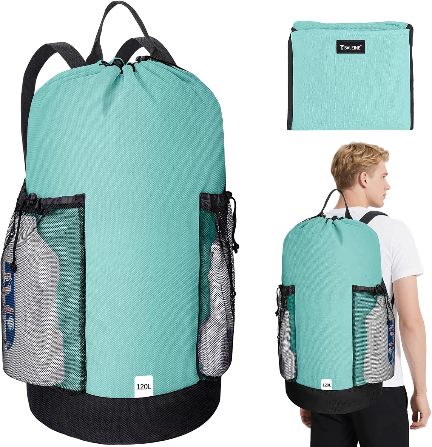 BALEINE 120L Laundry Bag Backpack, 900D Oxford Fabric Large Travel Laundry Bags with Shoulder Straps and 2 Mesh Pockets for College Dorm, Apartment, Laundromat (Sky Blue, 120L)