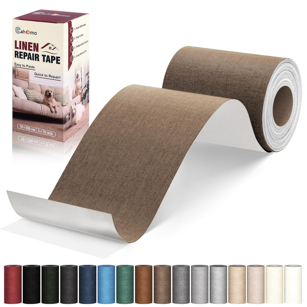 Linen Repair Tape 4x79 inch, Self Adhesive Fabric Patches, Linen Patch Tape Kit, Fabric Repair Tape for Couch Sofas, Headboards, Chairs, Pillows, Curtains, Couches - Light Brown