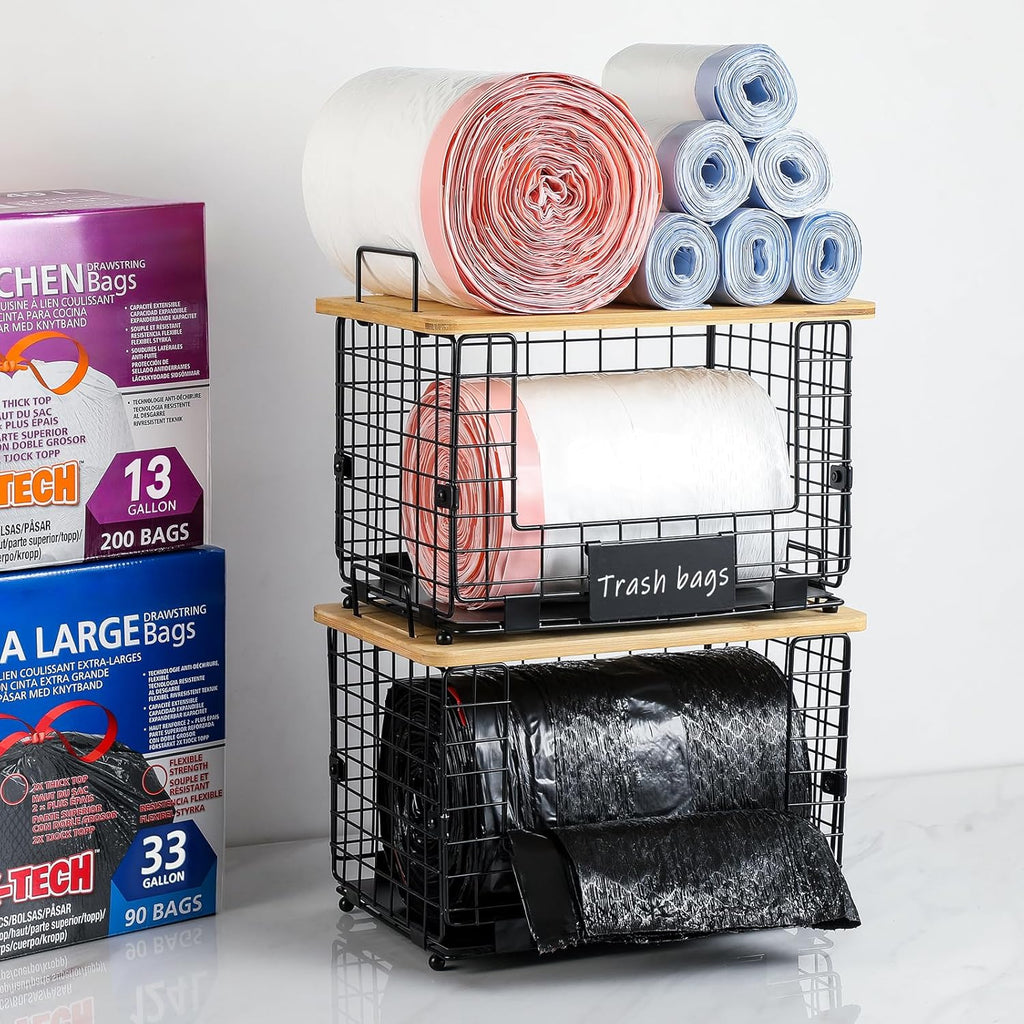 1 Pack Stackable Storage Trash Bag Baskets with Bamboo Top, Large & Standard Trash, Garbage Bag Holder Dispenser, Multiuse Basket for Kitchen Pantry Cabinet Counter Under Sink Laundry Organizing