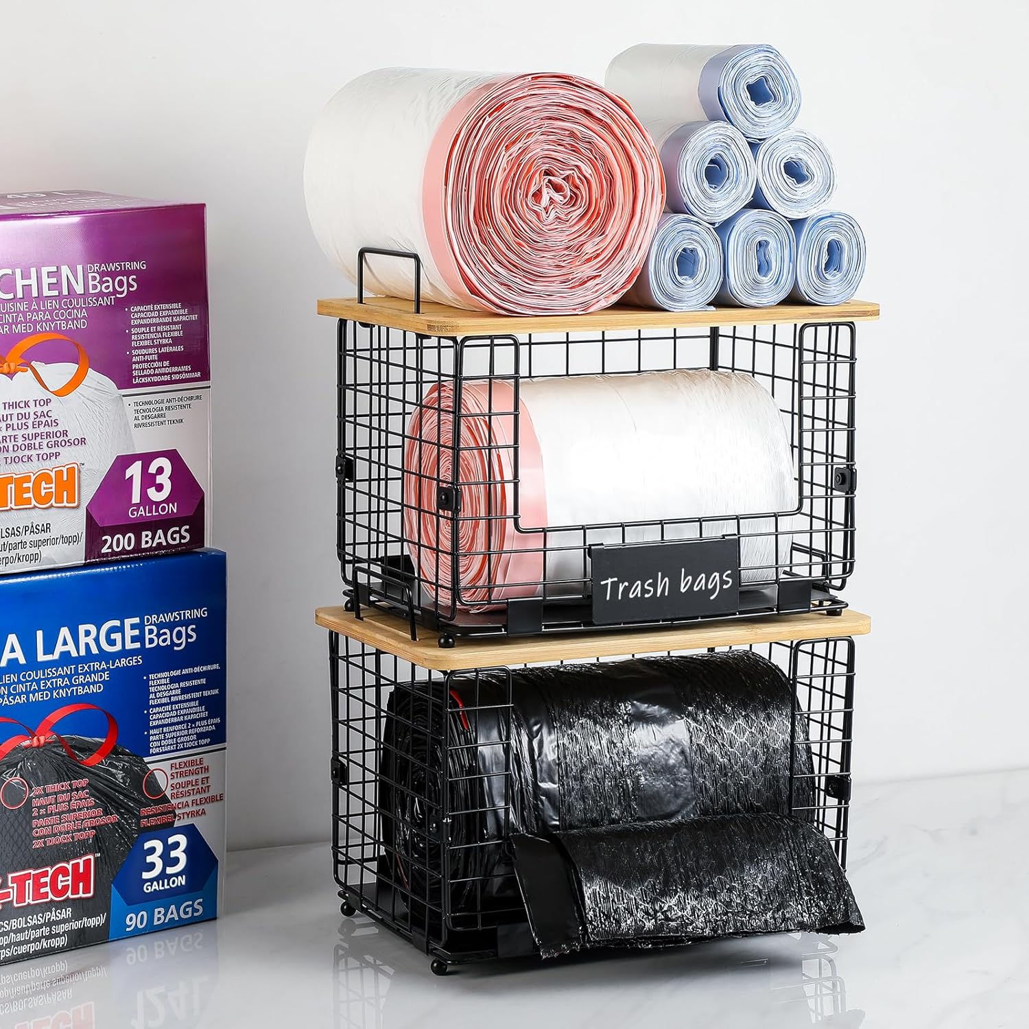 1 Pack Stackable Storage Trash Bag Baskets with Bamboo Top, Large & Standard Trash, Garbage Bag Holder Dispenser, Multiuse Basket for Kitchen Pantry Cabinet Counter Under Sink Laundry Organizing