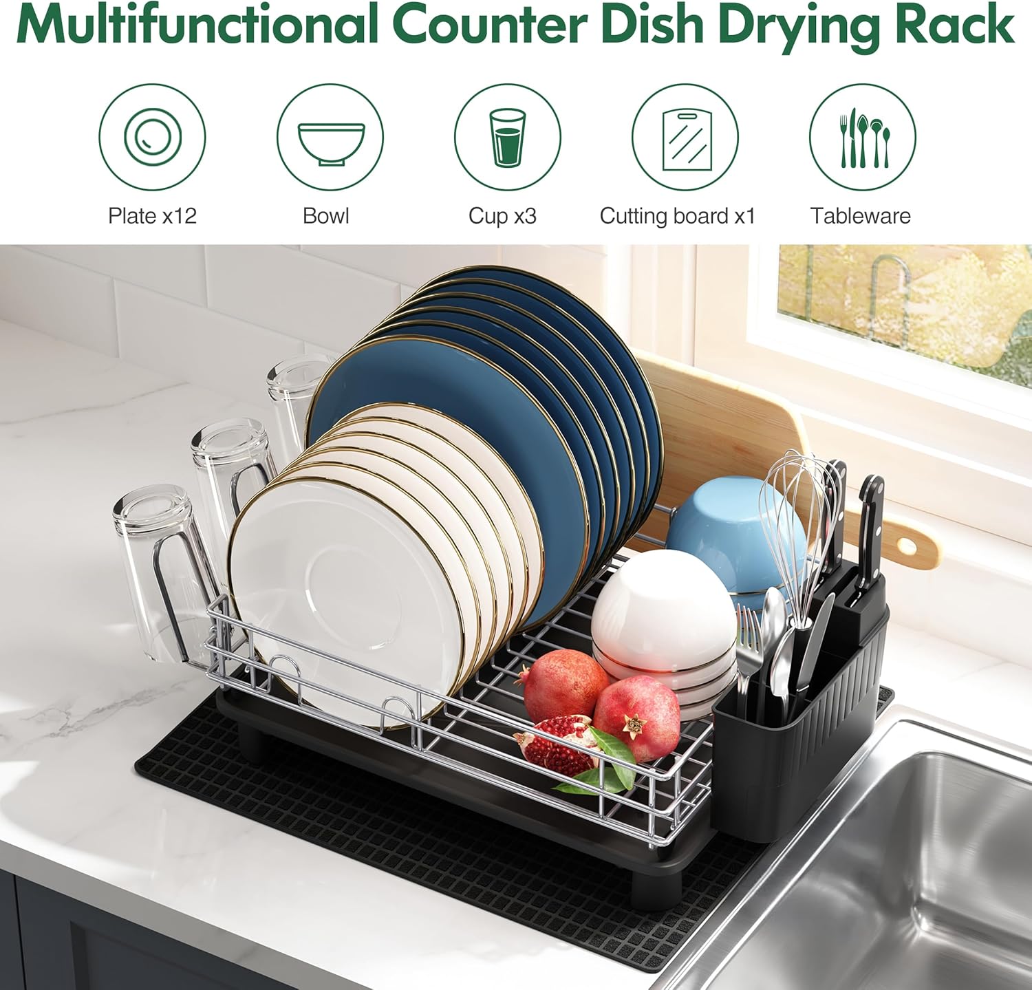 JASIWAY Stainless Steel Dish Drainers Drying Rack for Kitchen Counter with Drainboard, Rust Proof Metal, Space Saving, Modern Aesthetic, Compact Plates Strainers with Extra Mat, Silver