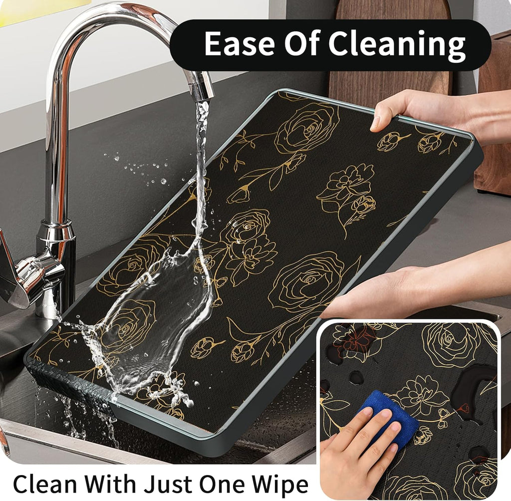Shelf Liners for Kitchen Cabinets 17.5in x 20FT Non Adhesive Drawer Liner Black Floral Thickened Shelf Liner Paper Strong Non-Slip Easy to Clean for Tool Box Refrigerator with Knife and Tape Measure