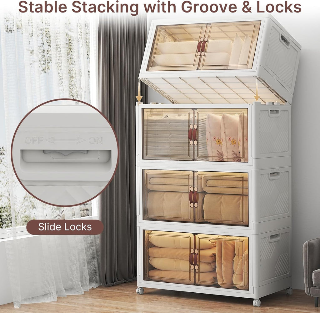 Extra Large Stackable Storage Bins with Lids & Wheels & Door, 660QT-165QT/41GAL*4Pack Foldable Collapsible Closet Organizers, Plastic Containers Drawers for Bedroom Dorm Garage