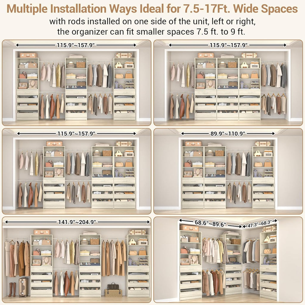 Aheaplus Closet System with 12 Drawers, 8.5-11.5Ft Wood Closet Organizer System with 4 Hanging Rods & 3 Towers, 4Ft & 6Ft L-Shaped Walk-in Closets Wardrobe Organizer Clothes Rack, Set of 3, White Oak