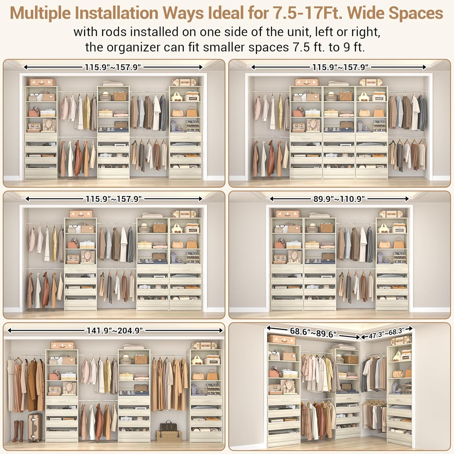 Aheaplus Closet System with 12 Drawers, 8.5-11.5Ft Wood Closet Organizer System with 4 Hanging Rods & 3 Towers, 4Ft & 6Ft L-Shaped Walk-in Closets Wardrobe Organizer Clothes Rack, Set of 3, White Oak
