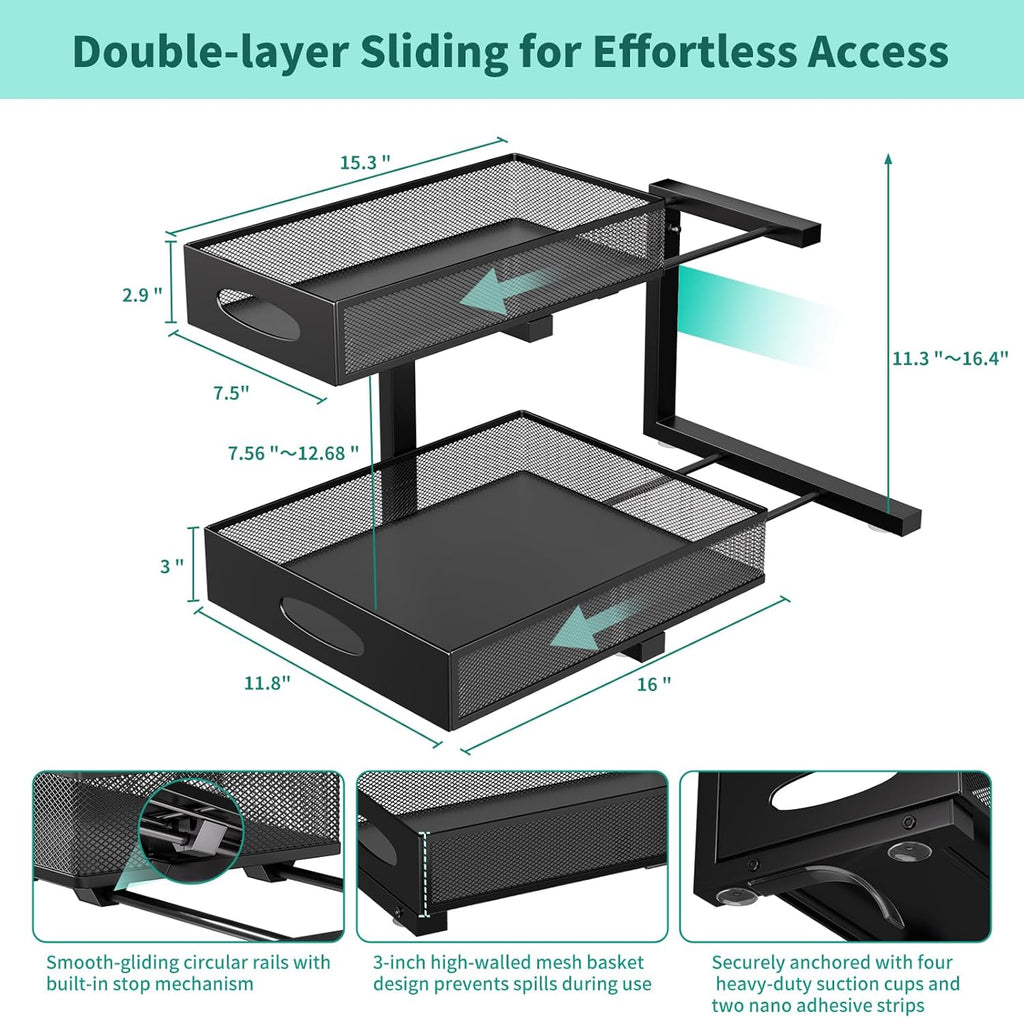 Under Sink Organizer, Extra-Wide Upgrade, 1-Pack of 2-Tier Metal Slide Out Cabinet Organizer, Height Adjustable Organization and Storage Series, Bathroom/Cabinet/Kitchen organization, Black