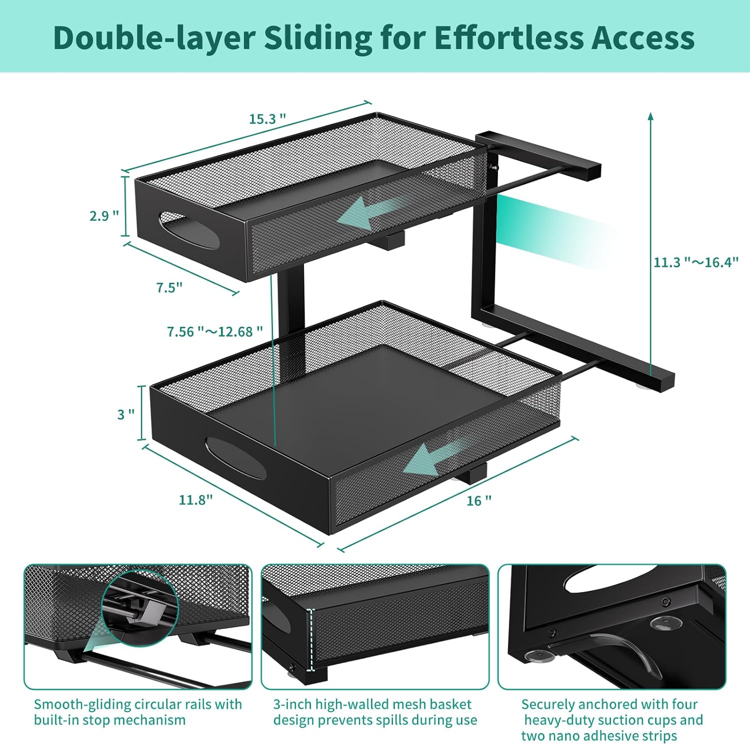 Under Sink Organizer, Extra-Wide Upgrade, 1-Pack of 2-Tier Metal Slide Out Cabinet Organizer, Height Adjustable Organization and Storage Series, Bathroom/Cabinet/Kitchen organization, Black
