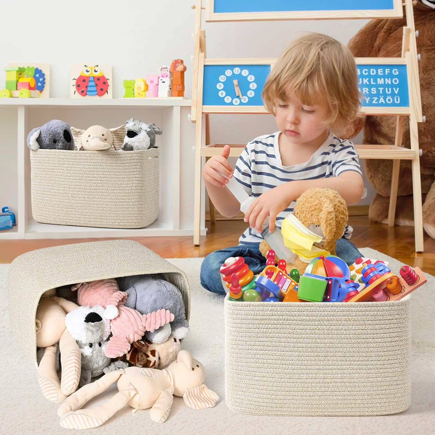 3-Pack Shelf Baskets for Organizing, Woven Storage Basket for Shelves, Cotton Rope Storage Bins for Toys Books, Nursery Towel Baskets for Classroom, 14.96"X9.8"X8.85", Brown
