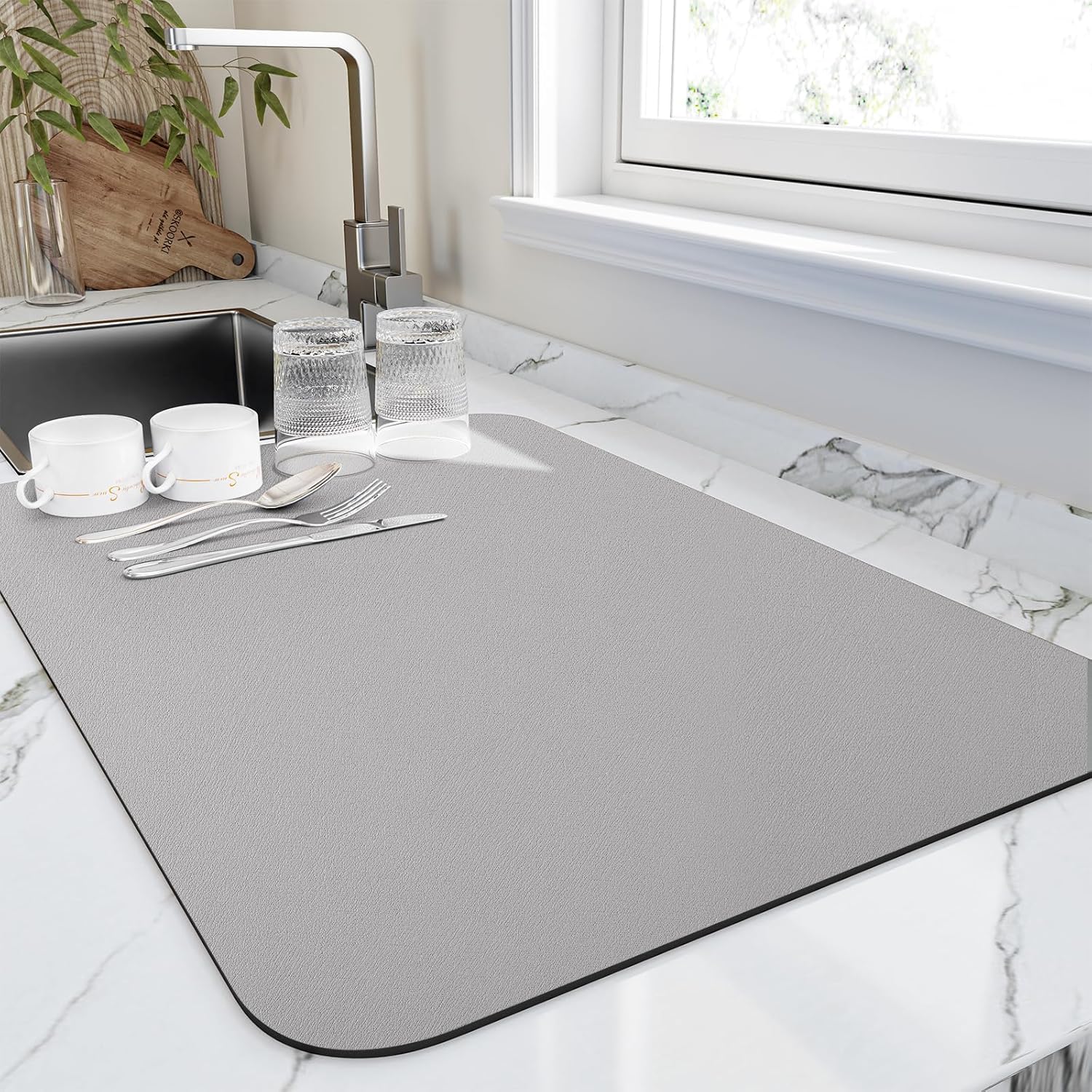 Dish Drying Mat for Kitchen Counter, Heat Resistant Drainer Mats with Non-slip Rubber Backed, Hide Stain Kitchen Super Absorbent Draining Mat, Easy to Clean Dish Rack Pad, Grey 18"x24"