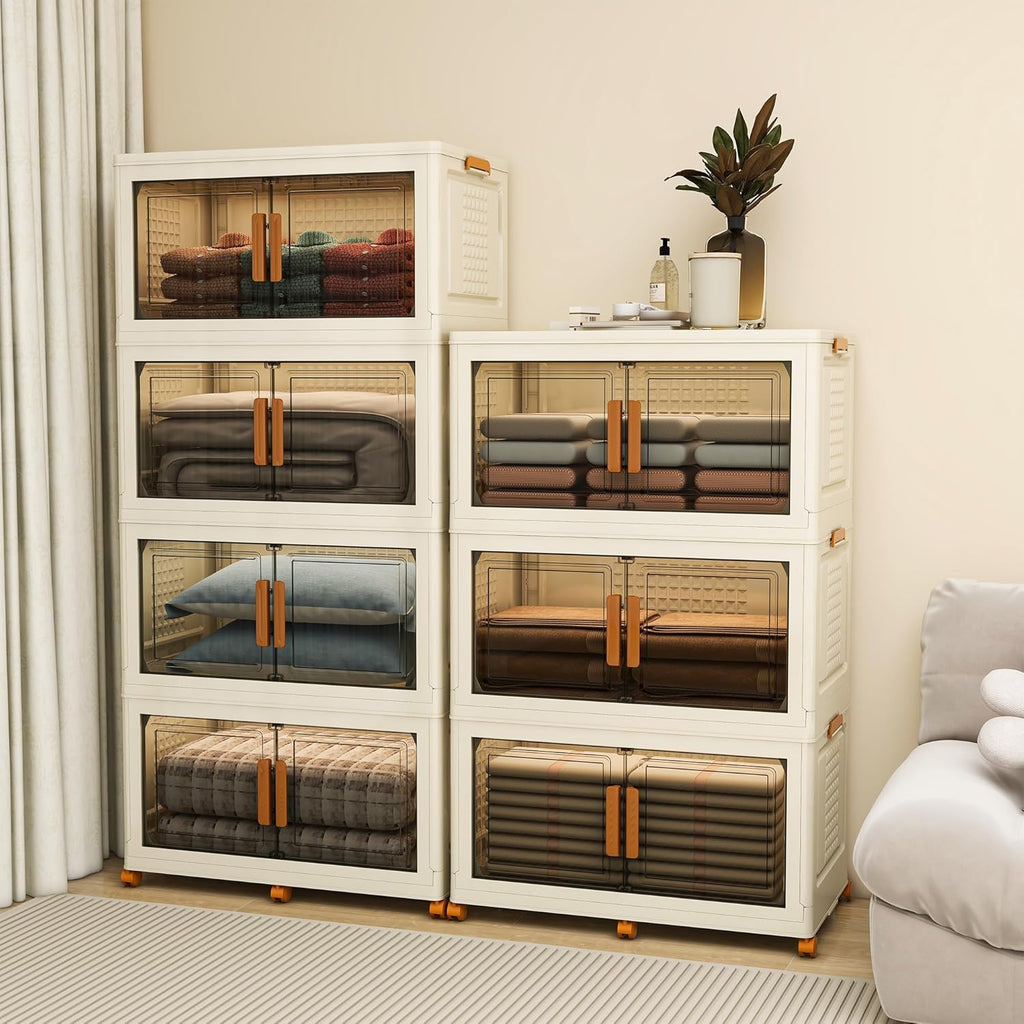 4 Tier Extra Large Stackable Storage Bins with 1 Lid 155 QT/Tier, Collapsible Plastic Box Storage Bin with Wheels, Home Containers Boxes Closet Organizers for Living Room, Office, Dorm