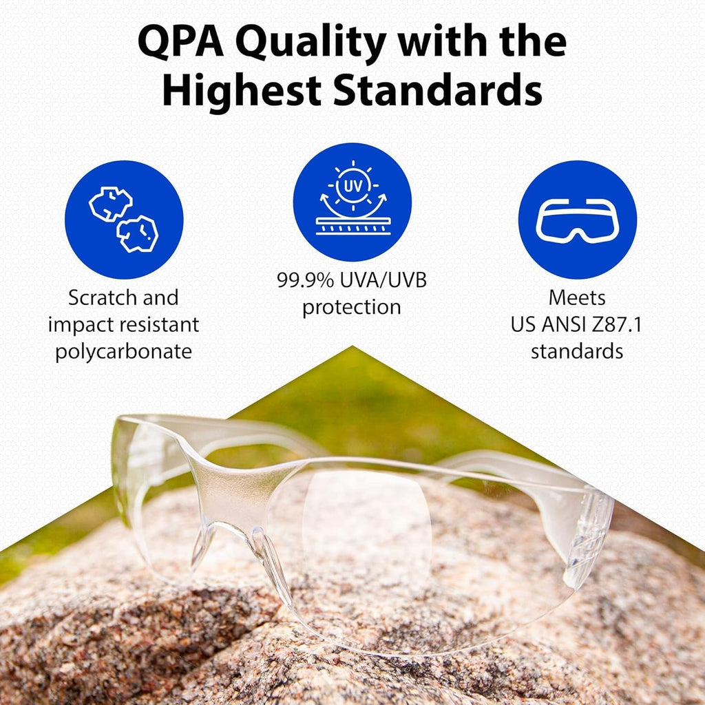 Quest Protective Apparel Safety Glasses for Men and Women - Anti Fog Safety Goggles for Shooting, Lab, or Construction – Polycarbonate Eye Protection [Clear & Pack of 12]