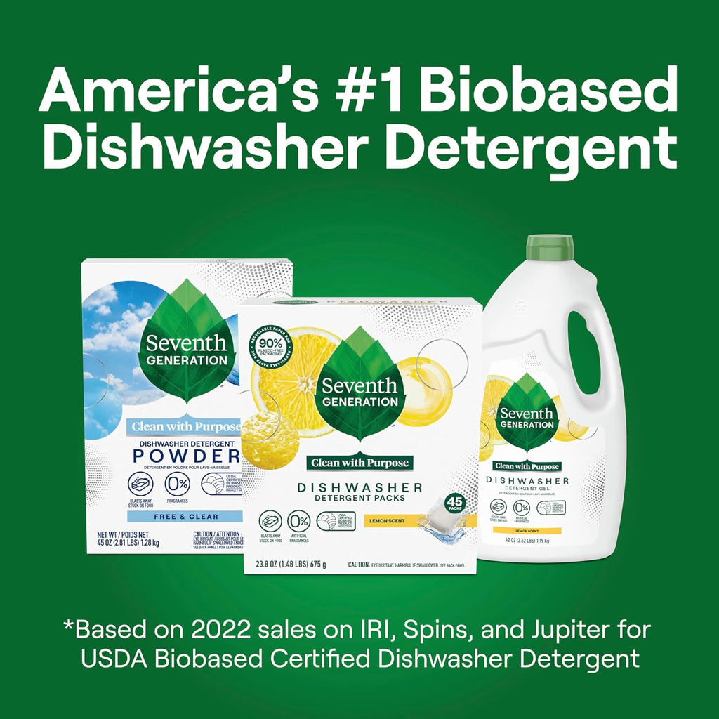 Seventh Generation Dishwasher Detergent Packs Lemon scent 2 Pack for sparkling dishes Dishwasher tabs 45 count