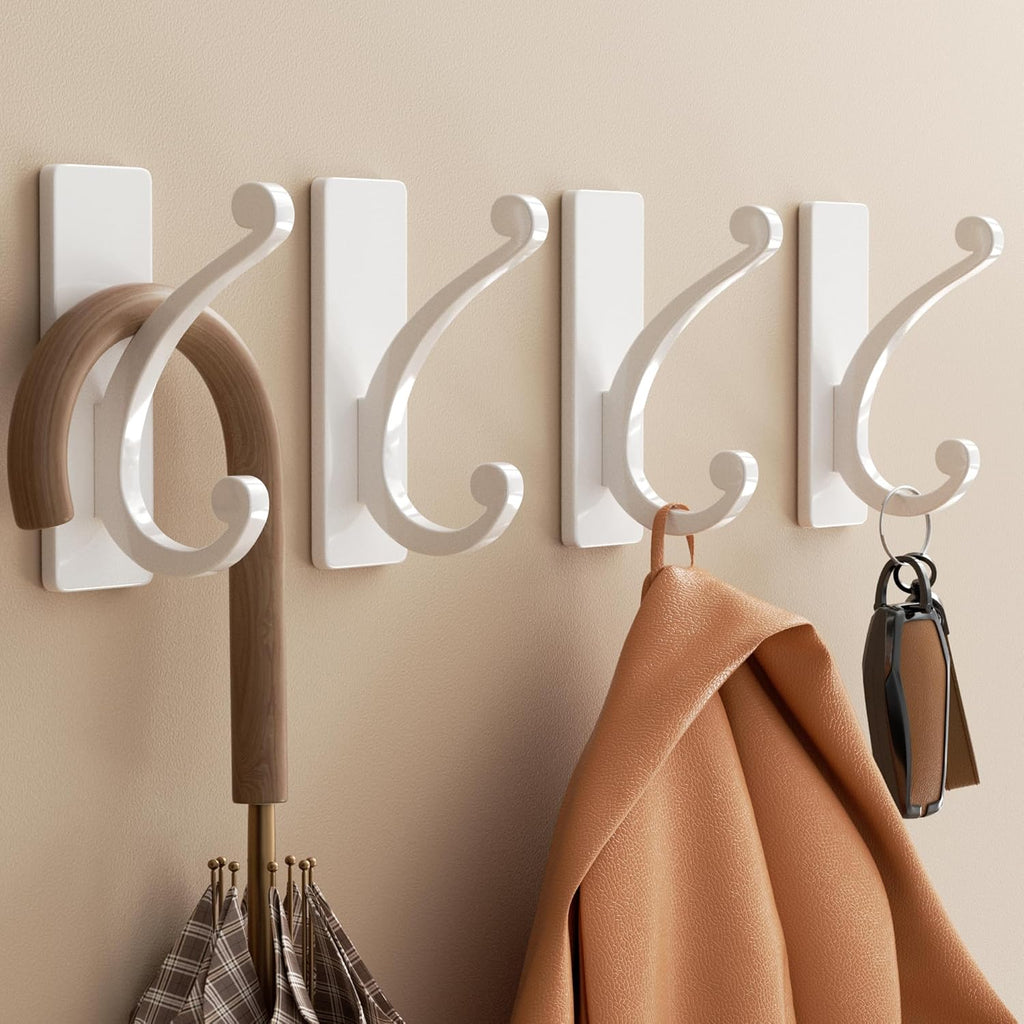 Adhesive Wall Hook for Towel/Coat - Extra Sticky 10LB Stainless, Stick on Hanger for Bath or Shower, Matt White 4-Pack