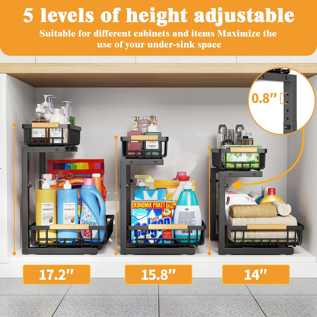 2-Tier Slide Out Under Sink Organizer – 2-Tier Pull-Out Storage Rack, Bathroom organizers and storage for Kitchen and Bathroom, Space-Saving Cabinet Organizer, Rustproof,（Black)(2 Pack)