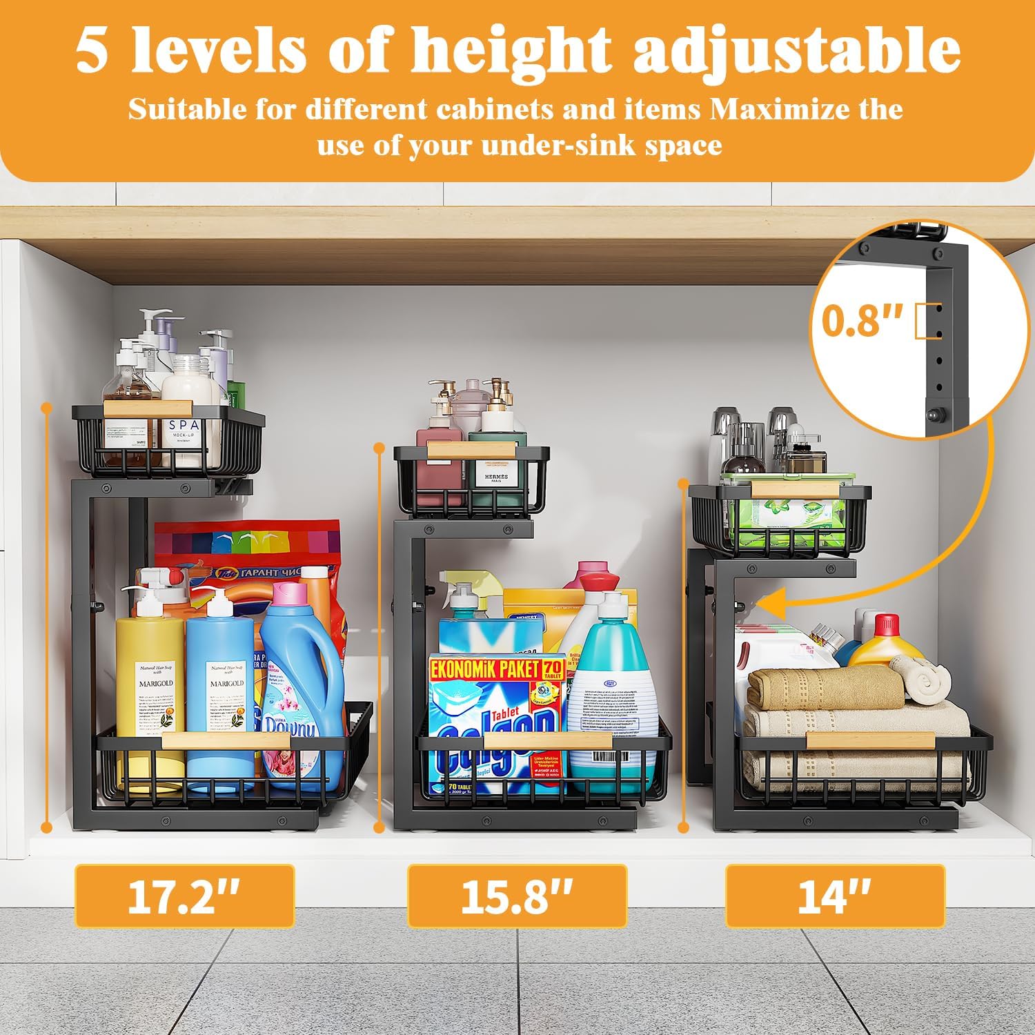 2-Tier Slide Out Under Sink Organizer – 2-Tier Pull-Out Storage Rack, Bathroom organizers and storage for Kitchen and Bathroom, Space-Saving Cabinet Organizer, Rustproof,（Black)(2 Pack)