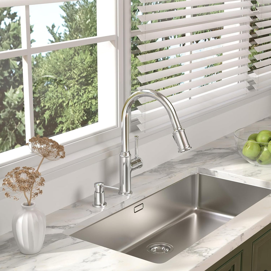 Lava Odoro Chrome Soap Dispenser for Kitchen Sink, Modern Brass Built in Countertop Pump Dispenser with 18 Oz Refillable Bottle, Kitchen Soap and Lotion Dispenser Spot-Free, Chrome, KSD-21