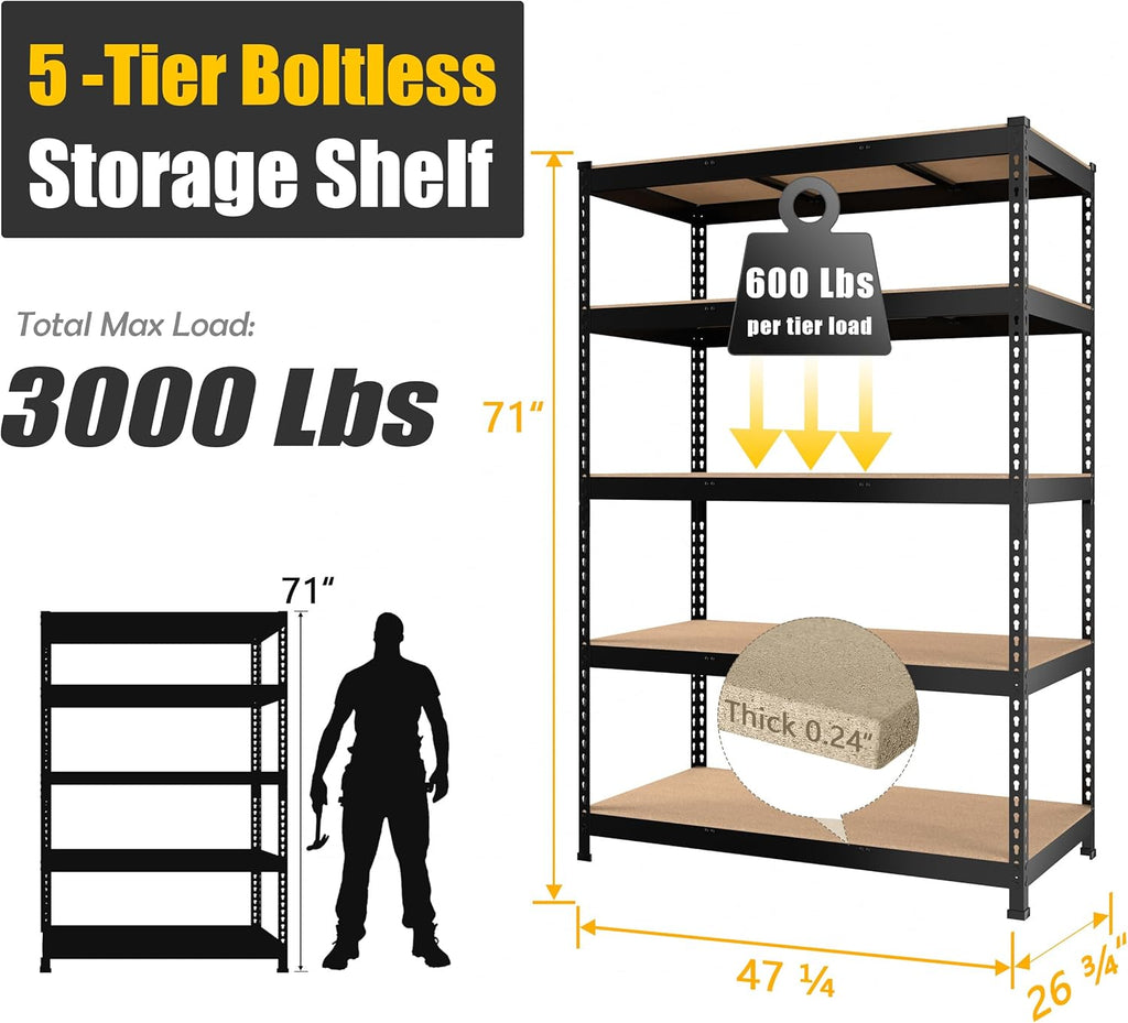 PrimeZone 48" W x 24" D x 72" H Heavy Duty Storage Shelves, 5 Tier Adjustable Garage Shelving Unit, Metal Organizer Shelf Utility Rack for Warehouse Pantry Closet Kitchen, Black, 8 Pack