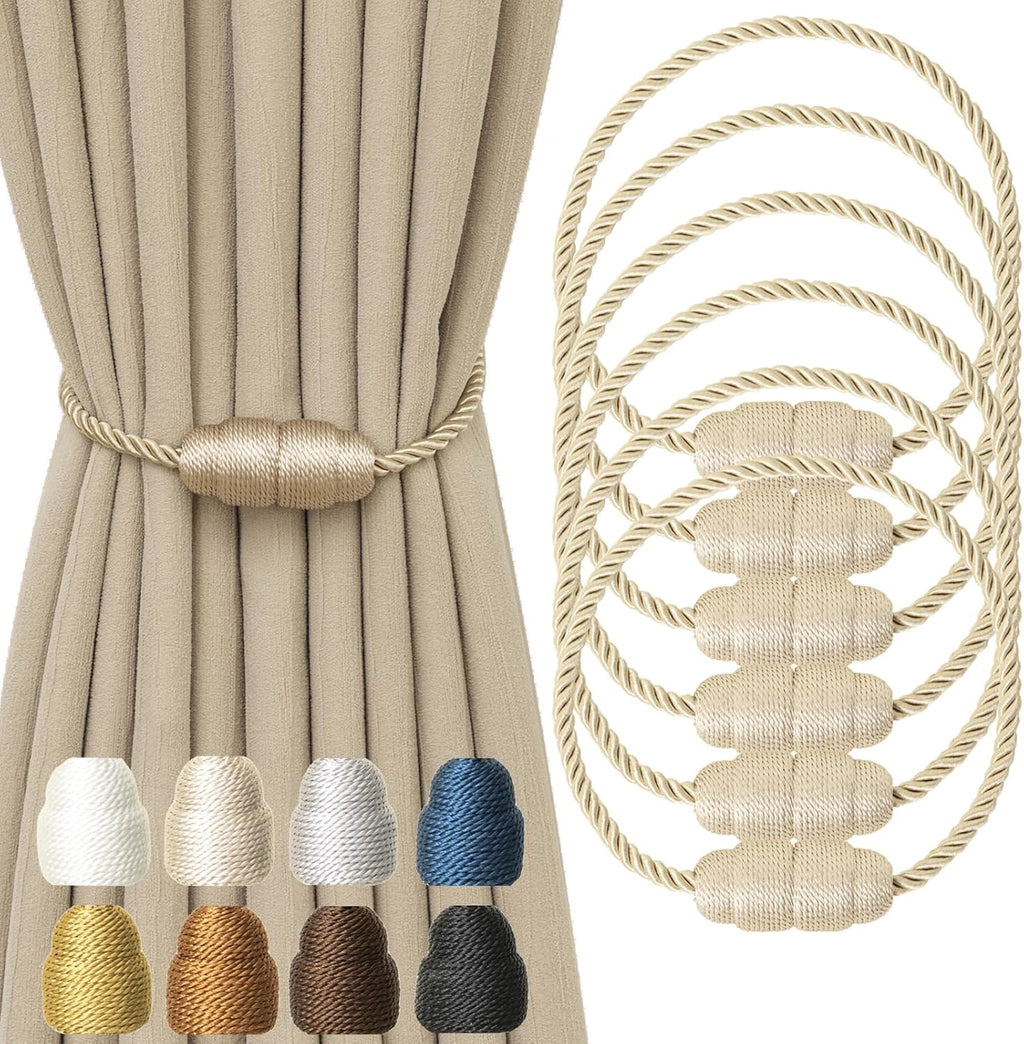 Magnetic Curtain Tiebacks - Rope Tiebacks for Curtains & Drapes, Decorative Window Holdbacks (6 Pack, Beige)