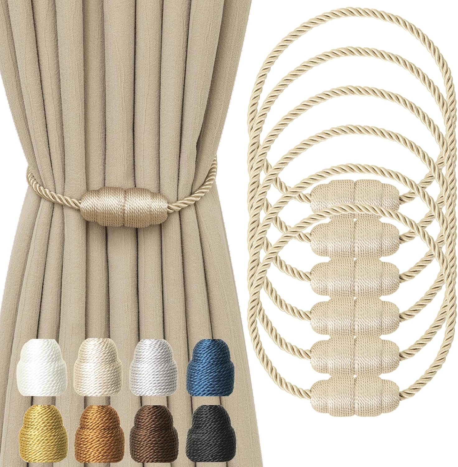 Magnetic Curtain Tiebacks - Rope Tiebacks for Curtains & Drapes, Decorative Window Holdbacks (6 Pack, Beige)