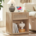 LEYAOYAO Rattan Nightstand with Charging Station, 23" Wide Boho Night Stand with Drawer, Natural Wood Bedside Table Open Storage Cabinet, Bed Side End Tables Dresser for Bedroom, Living Room, Hallway