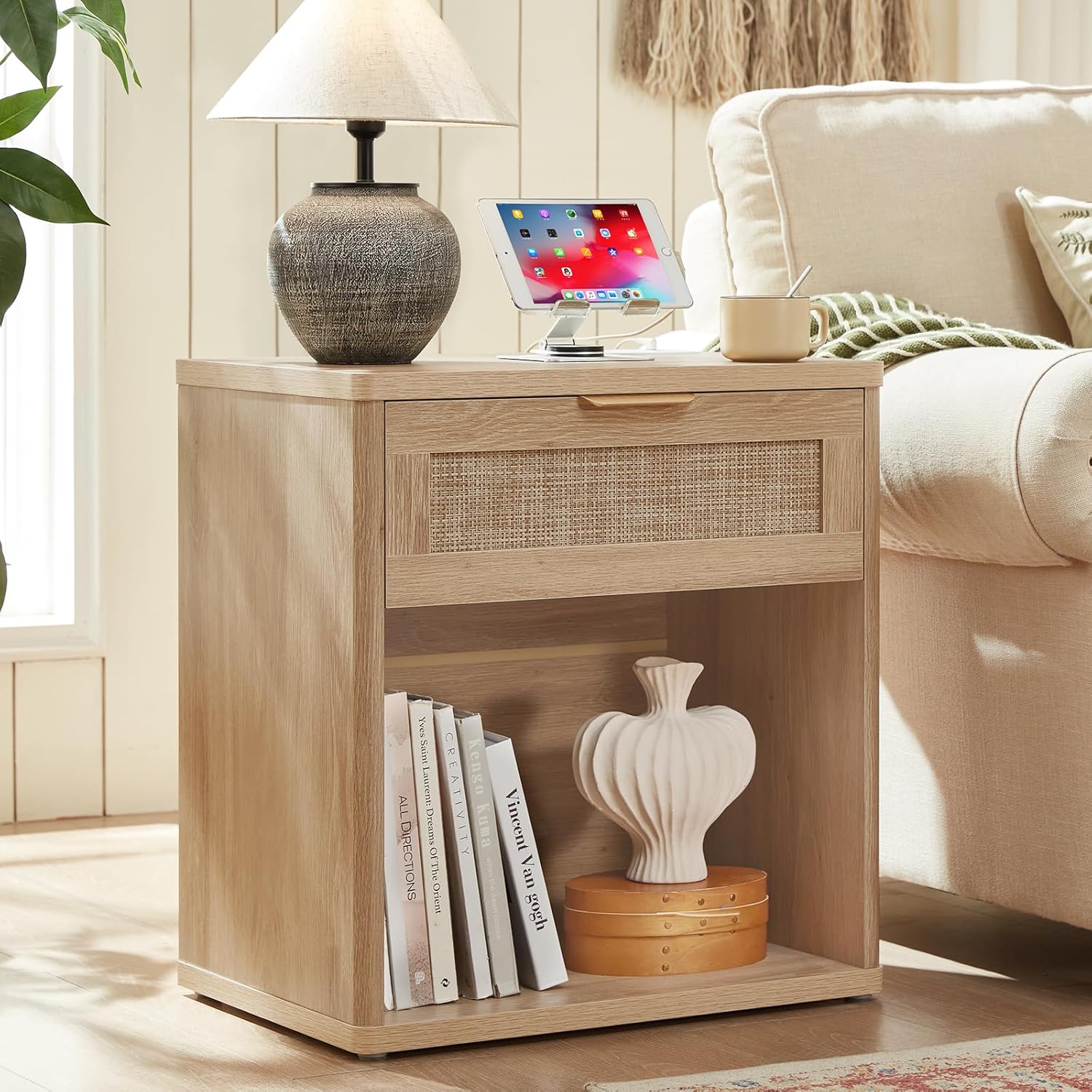 LEYAOYAO Rattan Nightstand with Charging Station, 23" Wide Boho Night Stand with Drawer, Natural Wood Bedside Table Open Storage Cabinet, Bed Side End Tables Dresser for Bedroom, Living Room, Hallway