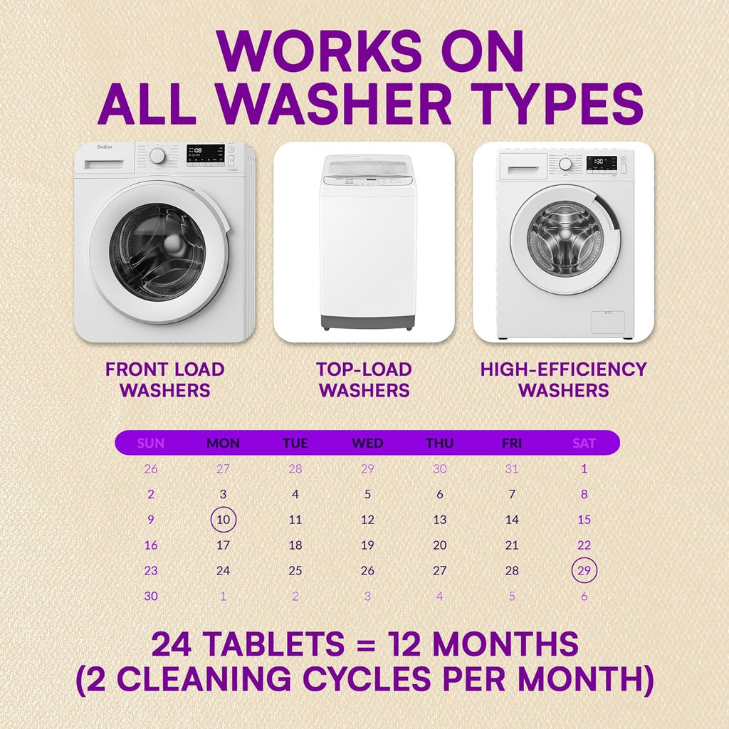 Washing Machine Cleaner Tablets 24 Pack for HE Front Load, Top Load Washing Machine Cleaning Tablets Descaler and Deodorizer, Formulated for Pet Owners, 1 Year Supply Laundry Washer Cleaner