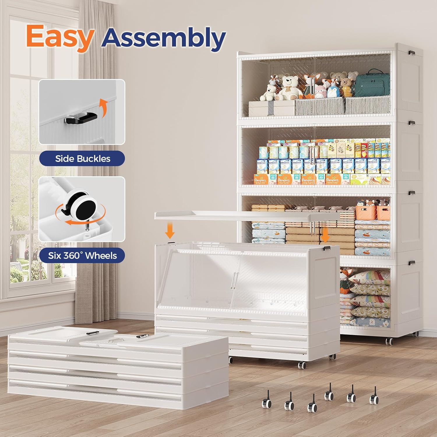 240GAL Extra Large Storage Bins with Lid, 960QT Collapsible Organizer with Wheels, Stackable Closet Cabinet with Doors, Folding Storage Containers for Home, Office, Dorm, 3Pack White