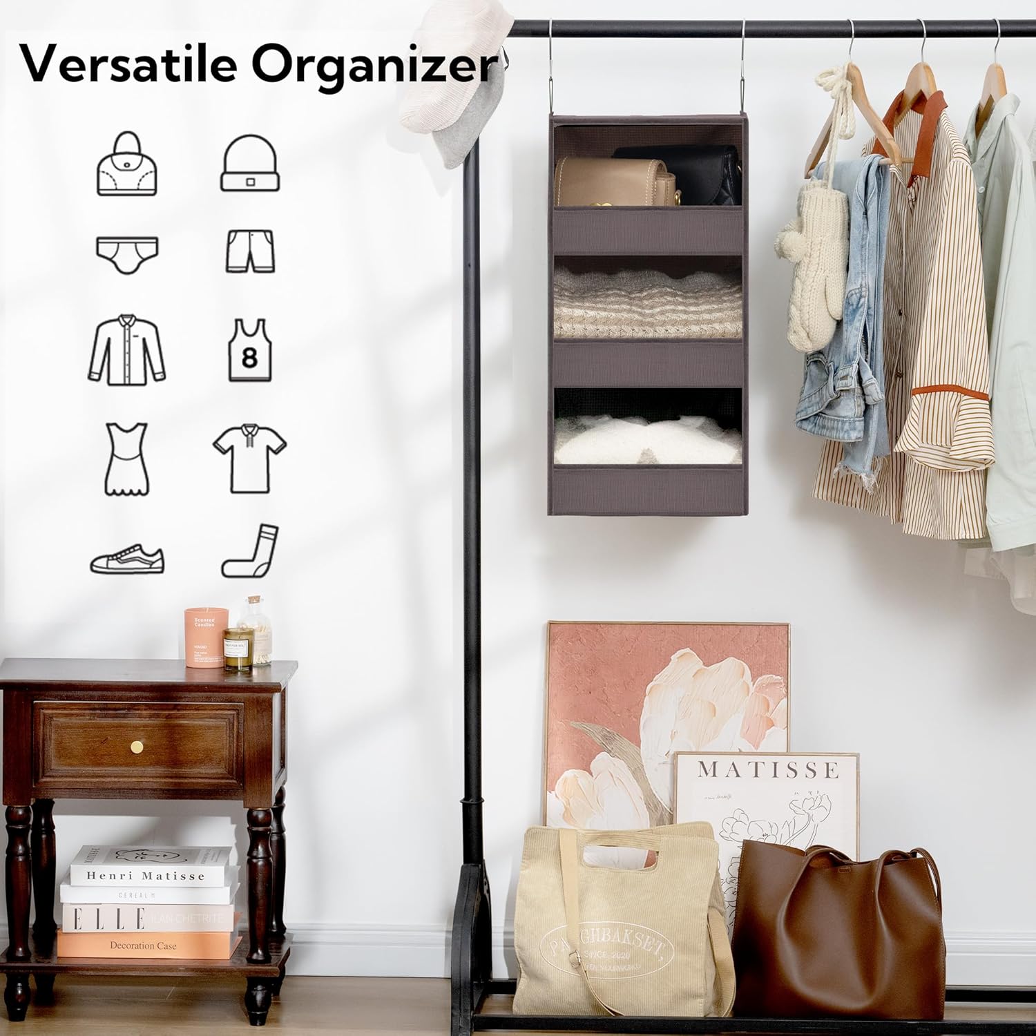 GRANNY SAYS 3-Shelf Closet Organizers and Storage, Foldable Hanging Closet Organizer, Hanging Closet Shelves with 2 Metal Hooks, Leak-Proof Hanging Shelves for Closet, Bedroom, RV, Camper, Dark Brown